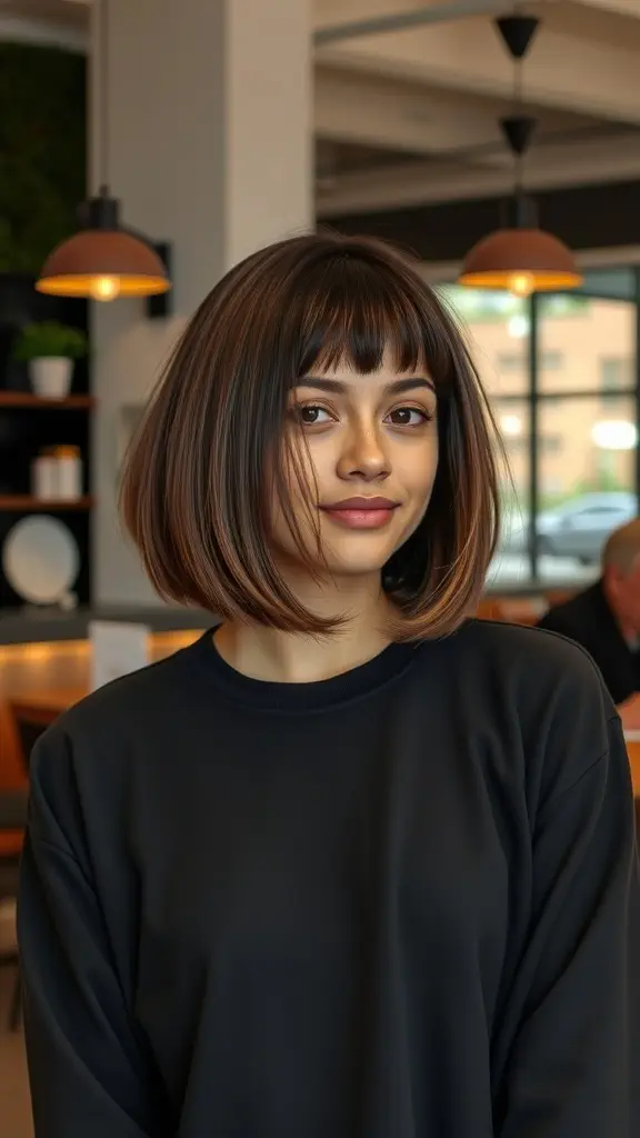 A person with dark espresso brown bob hairstyle, featuring highlights and a modern, casual outfit