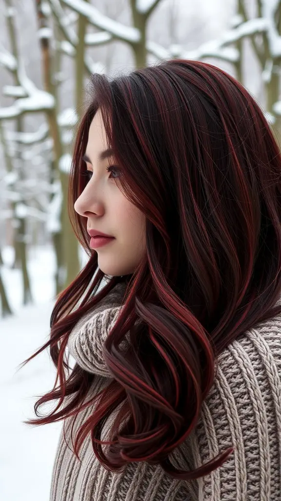 A woman with deep burgundy red hair, wearing a cozy sweater, against a snowy background