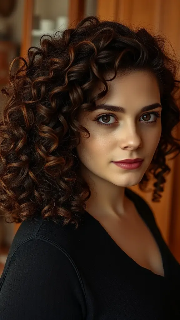 A woman with curly hair dyed in deep mahogany color