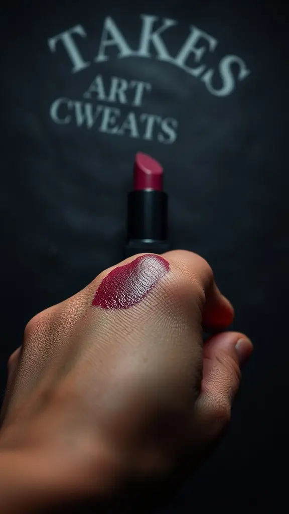 Hand with swatch of deep plum lipstick against a dark background