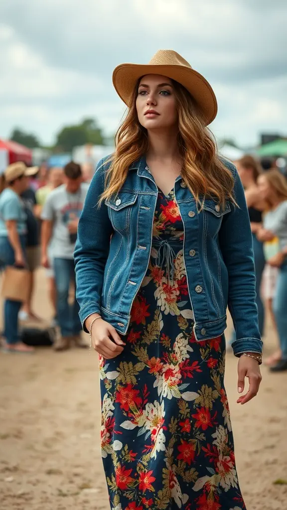 A woman wearing a denim jacket over a floral dress, standing outdoors at a concert.
