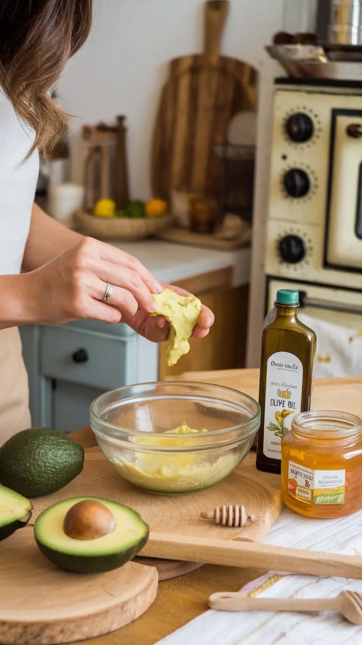 A woman preparing a DIY hair mask with avocado, olive oil, and honey in a cozy kitchen setting.