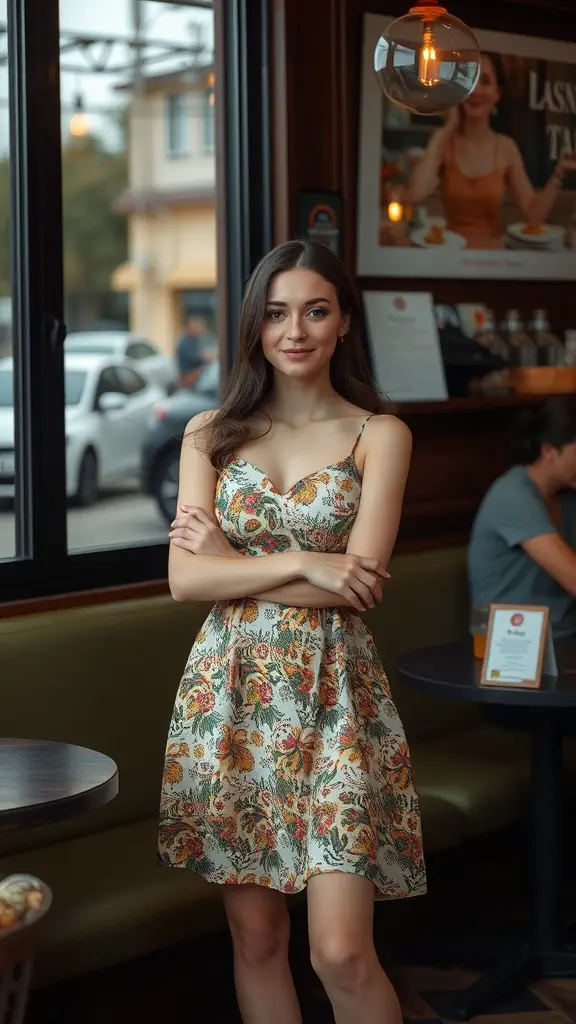 A woman in a floral dress standing in a café, embodying a style that transitions from day to night.