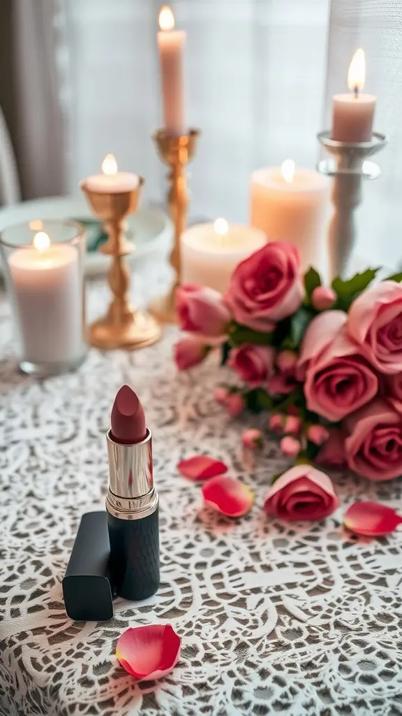 Dusky rose lipstick on a lace tablecloth surrounded by candles and roses, creating a romantic atmosphere.