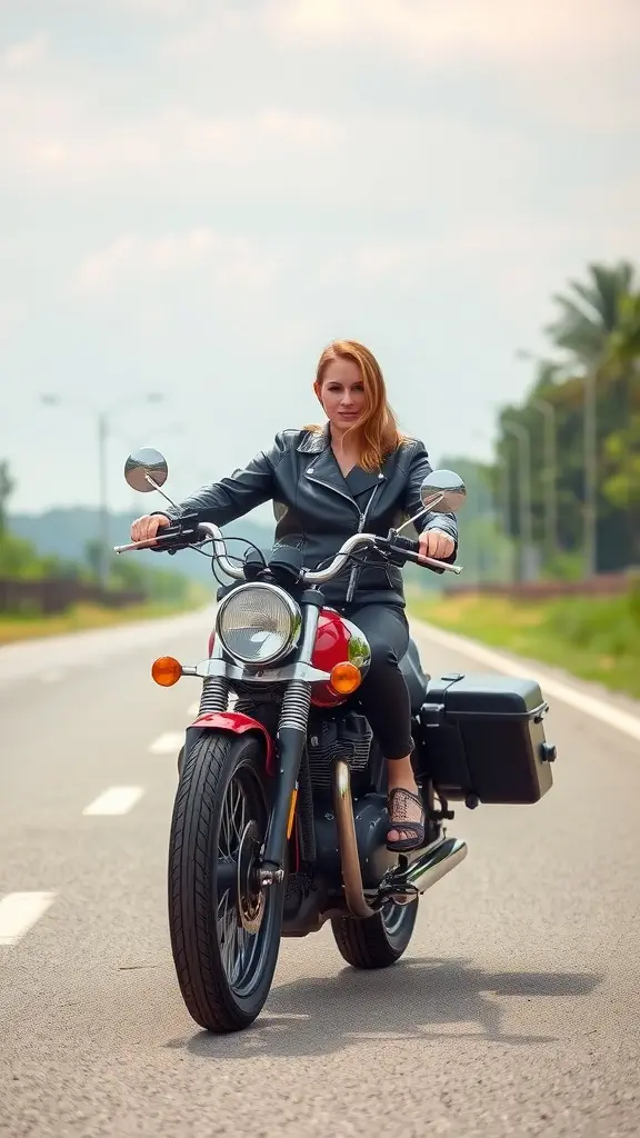 A woman in a leather jacket riding a motorcycle on a scenic road