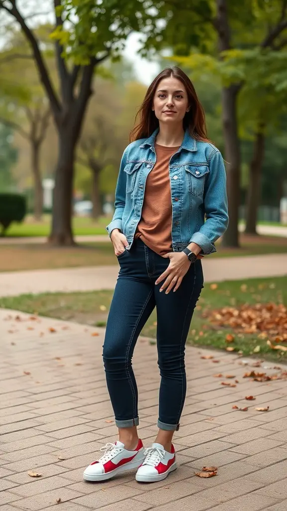 Woman in a casual outfit with a denim jacket, brown top, and sneakers, standing in a park setting