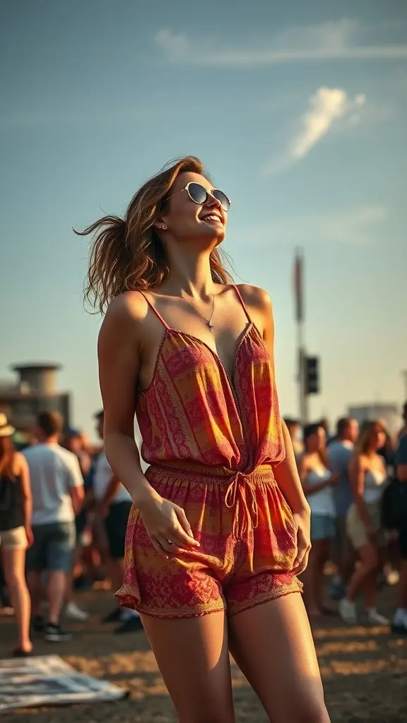 A woman smiling while wearing a colorful summer romper and sunglasses at a festival