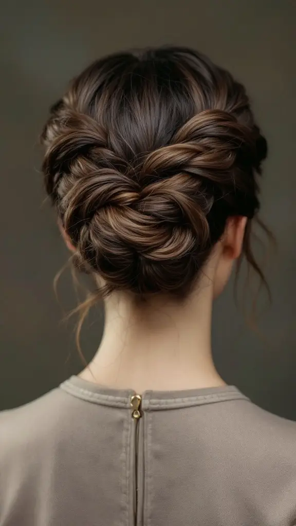 A close-up of an elaborate knotted updo hairstyle with loose tendrils framing the face.