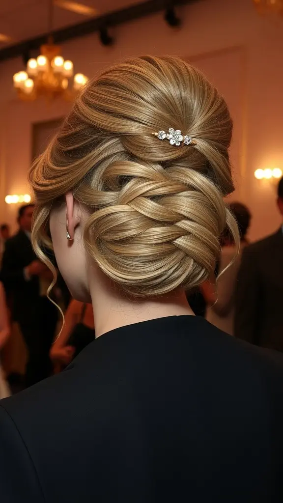 A stylish elegant chignon hairstyle with decorative hairpins