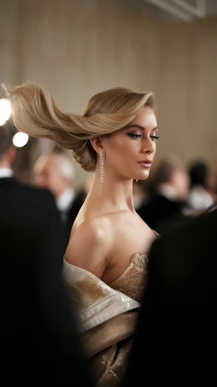 A woman with elegantly styled hair in a side sweep, looking glamorous.