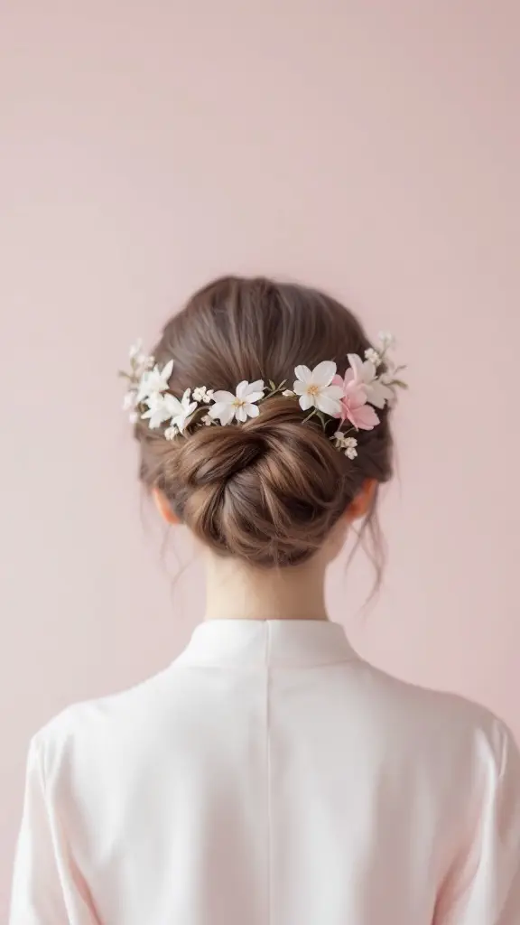 A woman with a twisted bun hairstyle adorned with flowers.