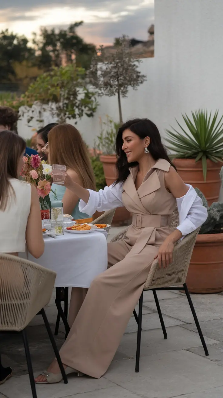 A stylish pair of high-waisted, loose-fitting pants in a cafe setting, embodying modern jumpsuit fashion.