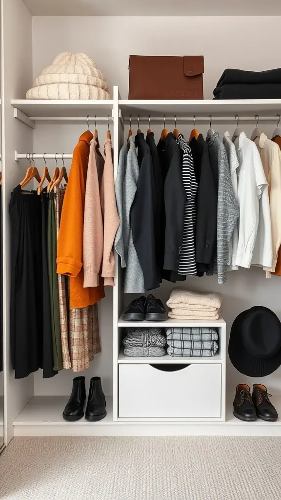 An organized wardrobe featuring a mix of stylish clothing items, shoes, and accessories.