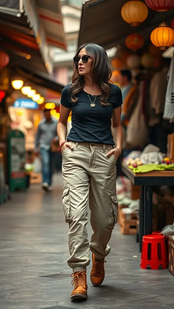 Woman in beige cargo pants walking confidently in a market setting
