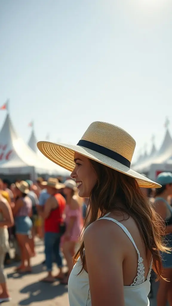 A woman wearing a stylish wide-brimmed hat at a sunny outdoor event.