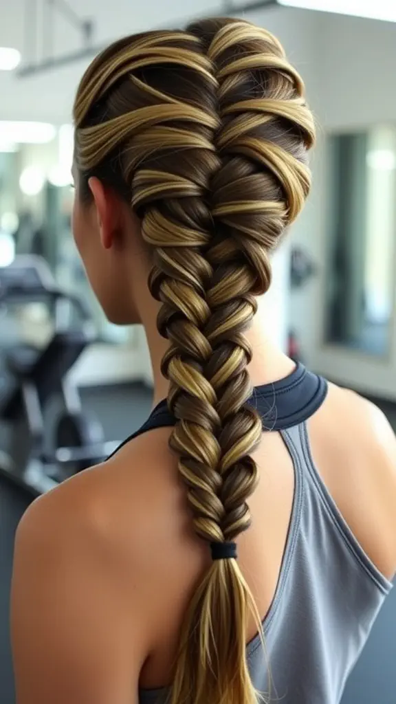 A woman's fishtail braid hairstyle, perfect for workouts.