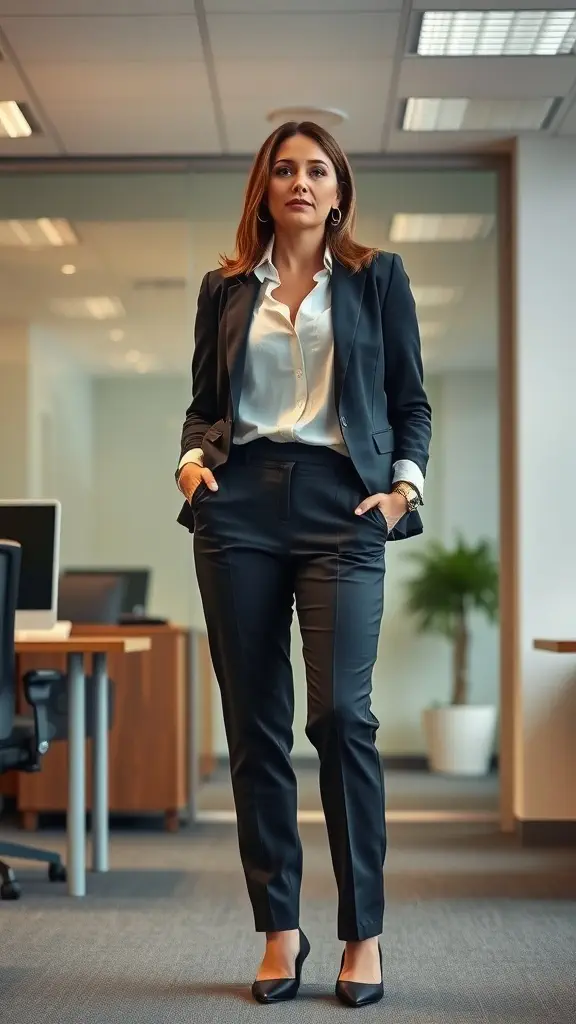 A woman wearing tailored trousers and a professional outfit, standing in an office environment.