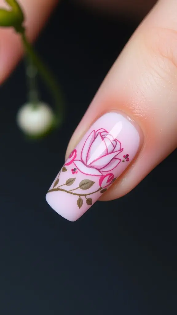 Floral nail art design featuring roses and leaves on a soft pink background.