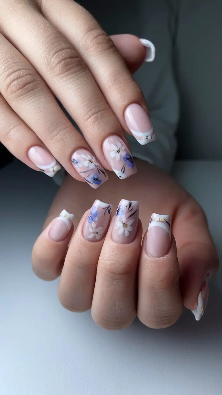 A hand showing floral French tip nails with soft colors and delicate flower designs.