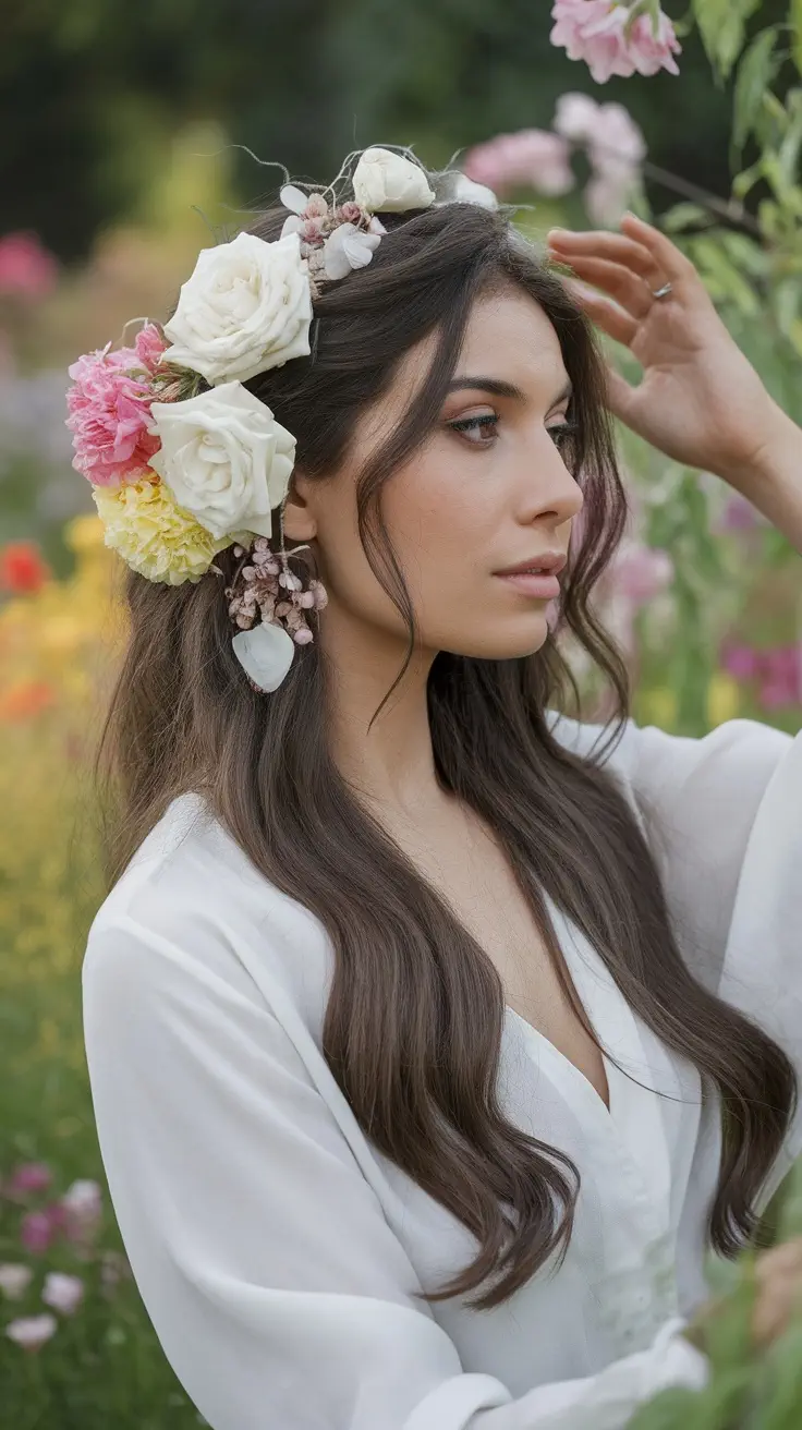A woman wearing a floral hair accessory with roses and other colorful flowers.