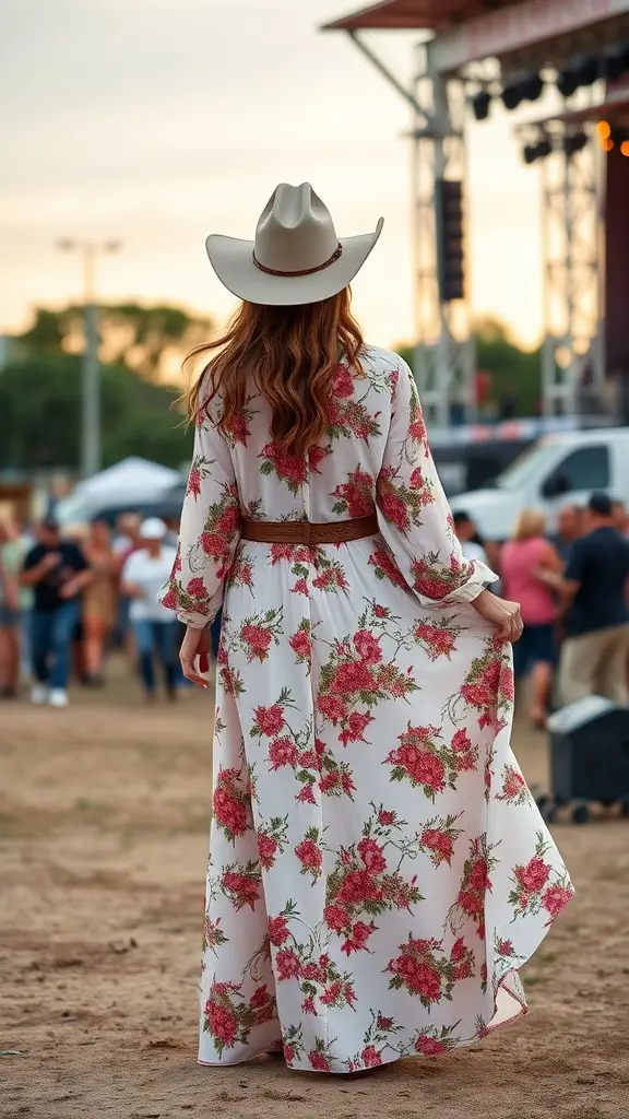 Woman wearing a floral maxi dress and a wide-brimmed hat at a country concert.