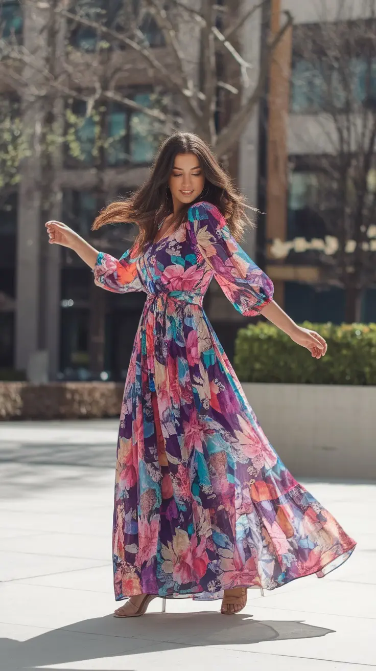 A woman twirls in a colorful floral maxi dress, showcasing its flowy design and vibrant patterns.