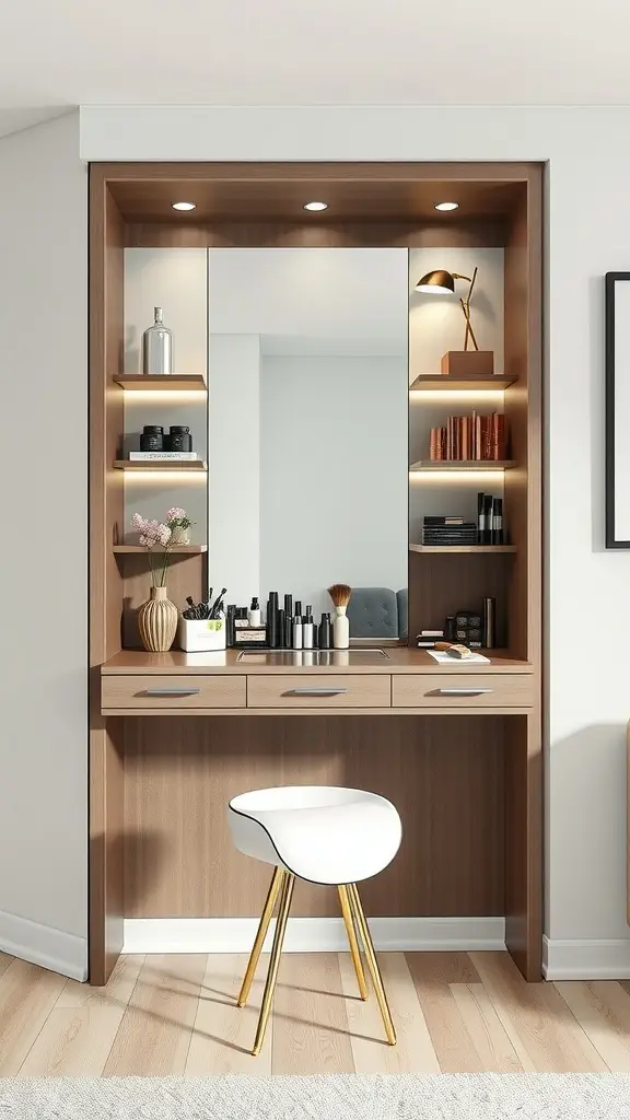 A stylish fold-out wall desk beauty bar with shelves and a mirror in a modern setting.