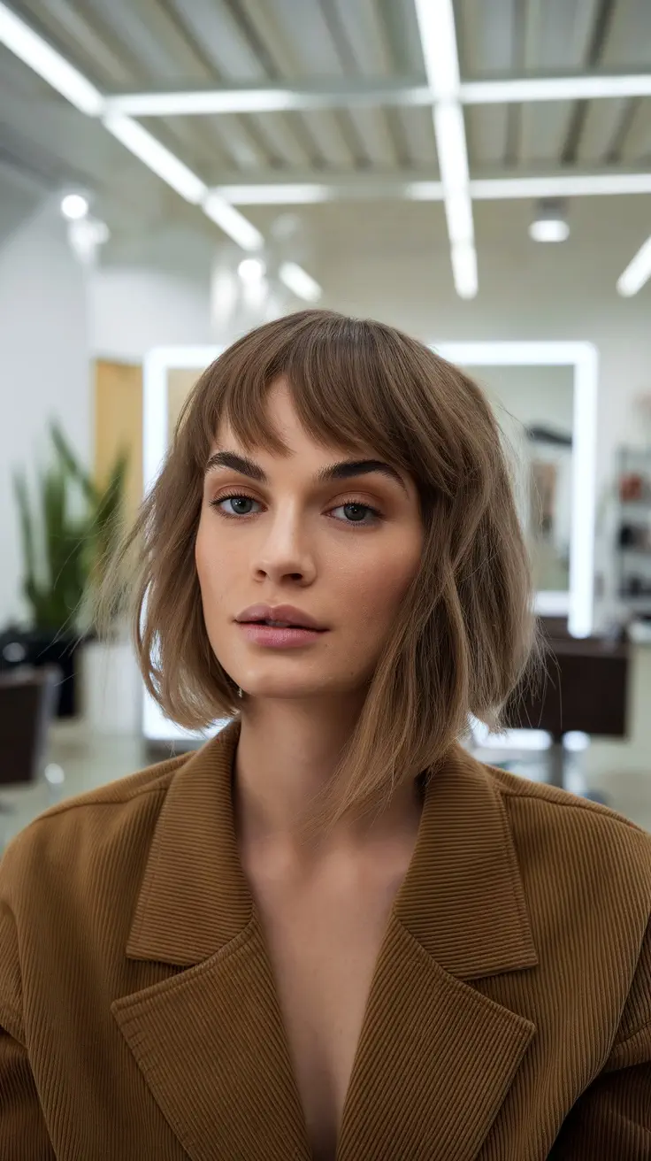 A woman with a French bob hairstyle featuring wispy baby bangs, showing a trendy and modern look.