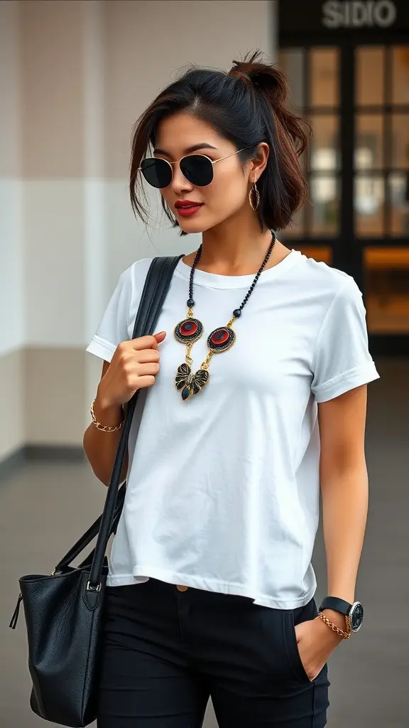 A woman wearing a white t-shirt, sunglasses, and a statement necklace, carrying a black bag.