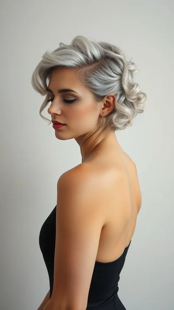 A woman with frosted silver curls, showcasing a stylish hair color.