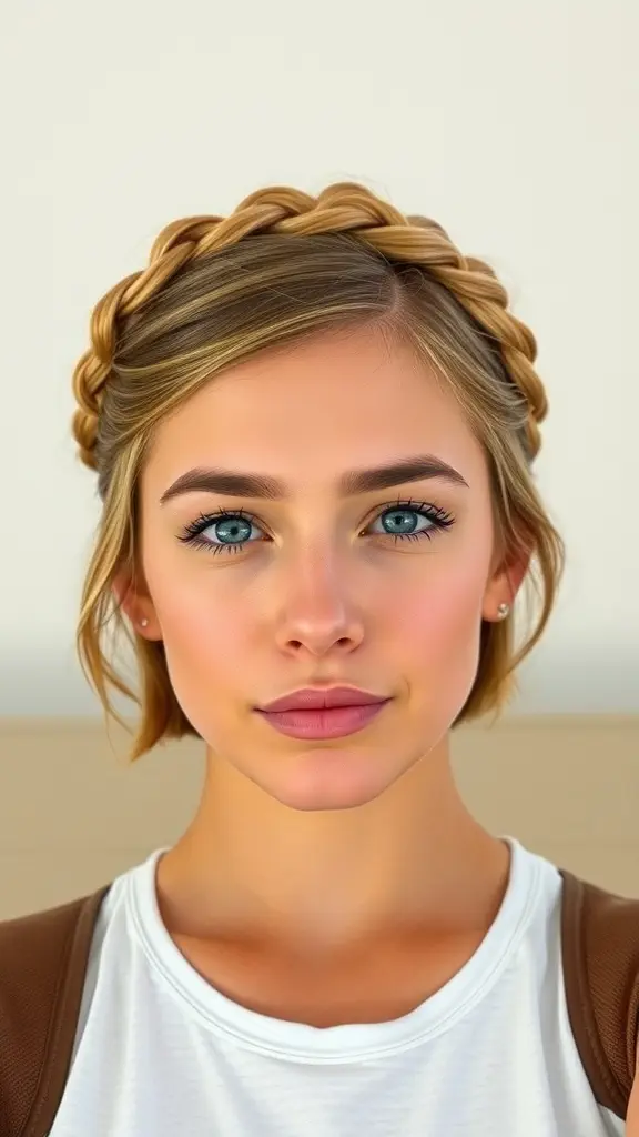 A woman with short hair styled in a braided headband, showcasing a fresh and playful look.