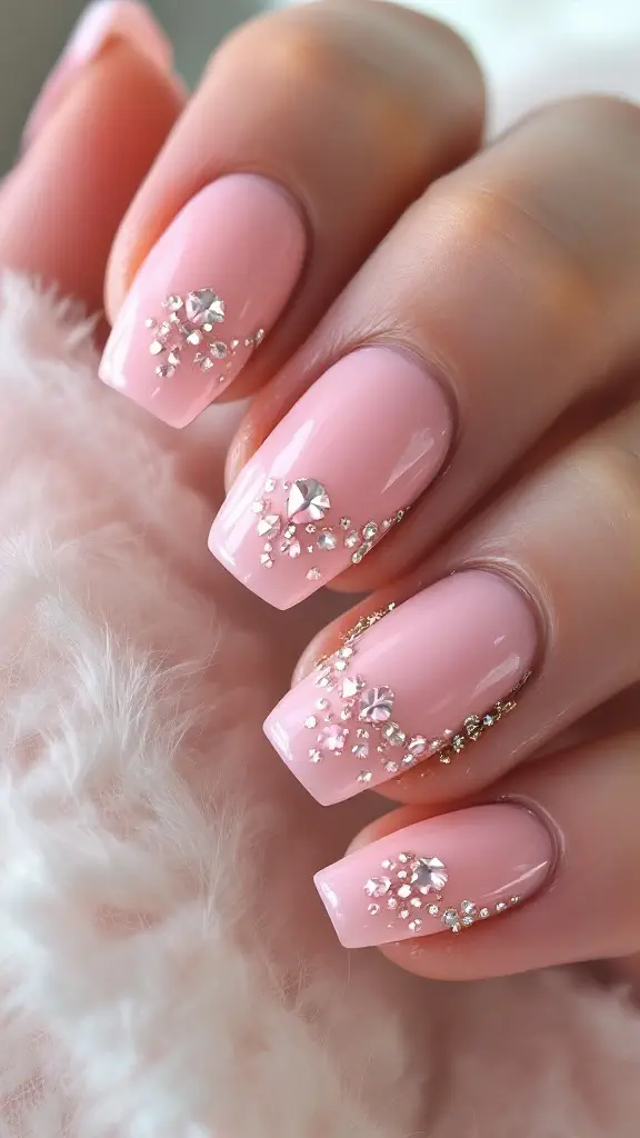 Nail design featuring blush pink polish with gemstone accents in star and heart shapes.