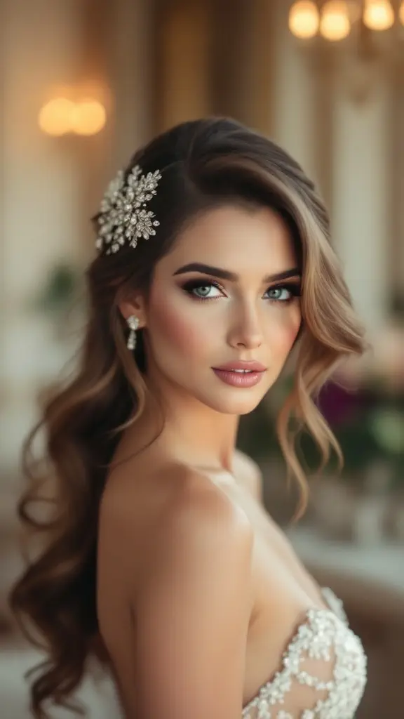 Bride with glamorous side-swept curls and a decorative hair accessory