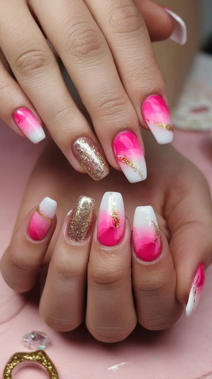 Nail design featuring a glittery pink marble effect with gold accents