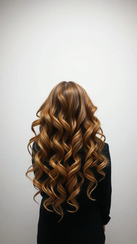 A woman with curly hair styled in a golden blonde balayage.