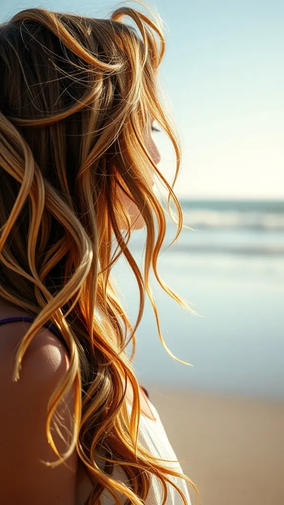 A woman with golden mahogany hair styled in waves, standing by the beach