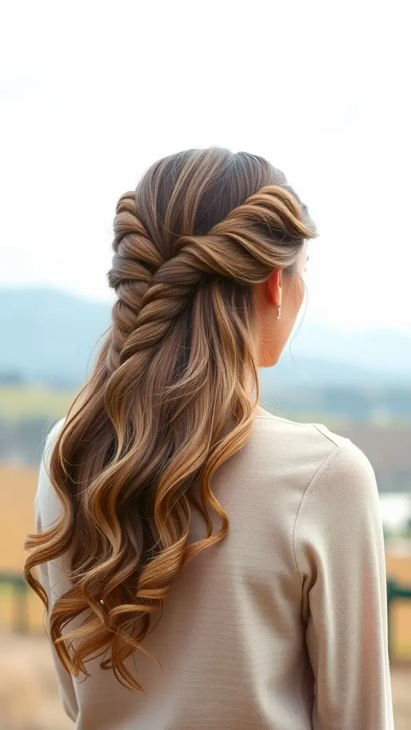 A woman with half-up braided hair, showcasing waves and a scenic background.