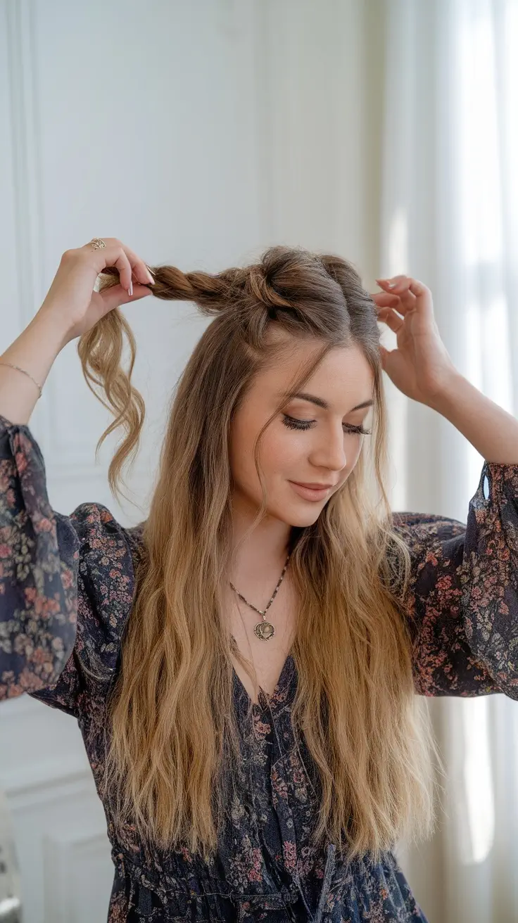 Woman styling her hair in a half-up half-down twist