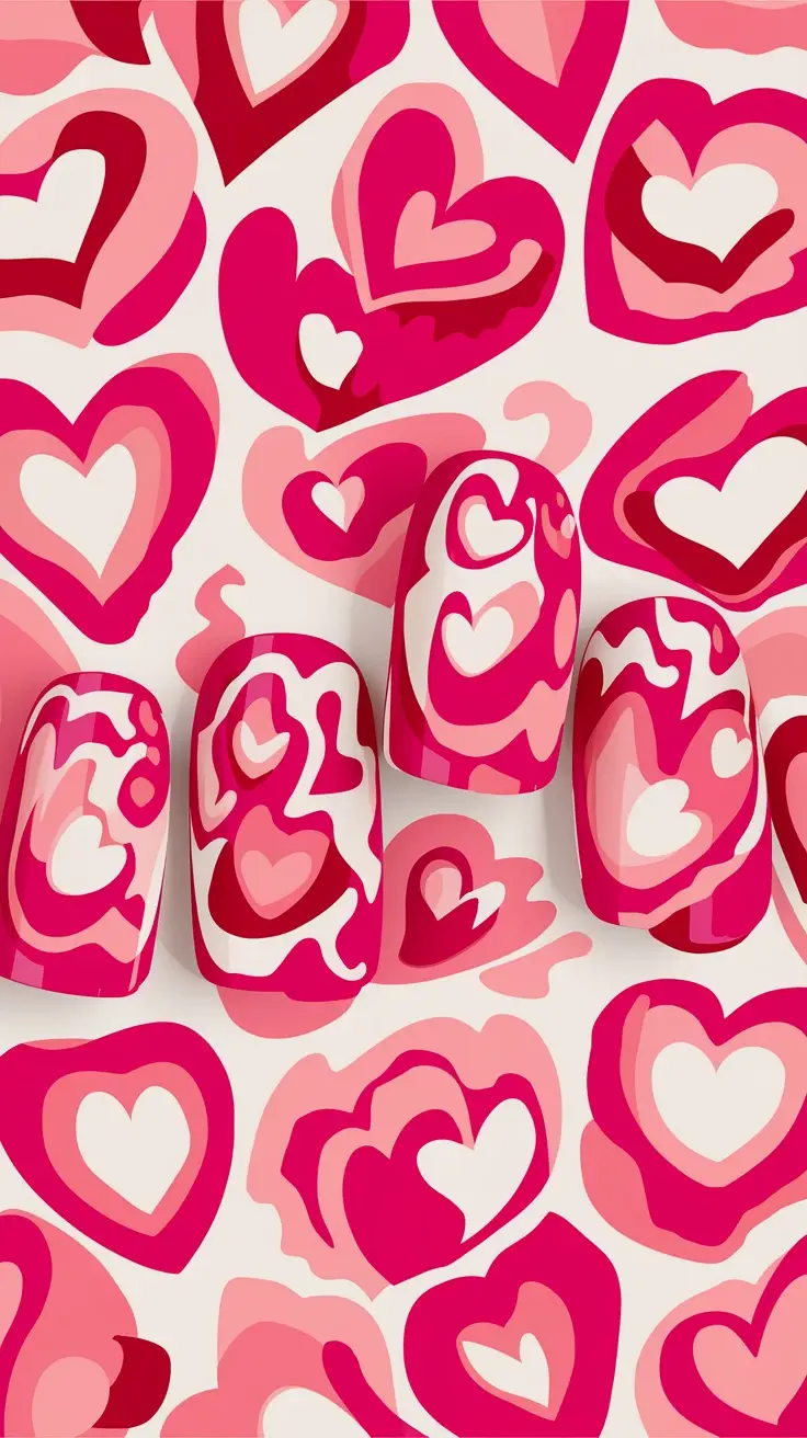 Nails with heart patterns in various shades of pink on a light background