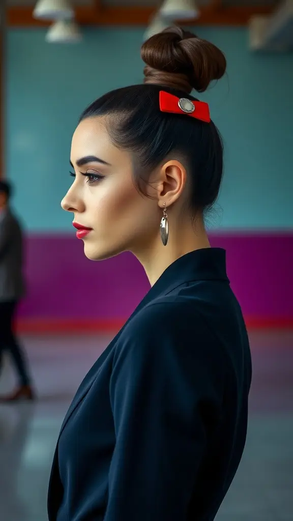 Profile view of a woman with a high ponytail styled with a statement hair clip
