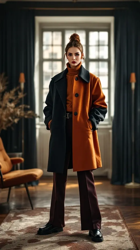 Woman wearing a two-toned coat with a turtleneck and tailored pants, posing in a stylish indoor setting