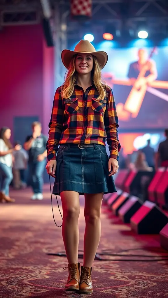 Woman wearing a knee-length skirt and flannel shirt at a country concert.