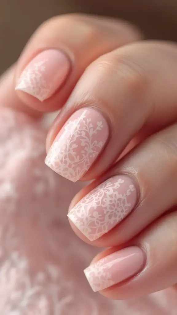 A close-up of a light pink nail featuring an intricate lace design.