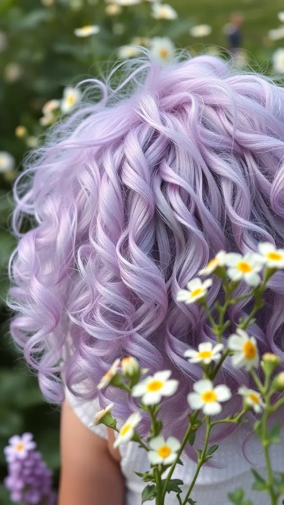 A curly hairstyle in lavender color surrounded by flowers