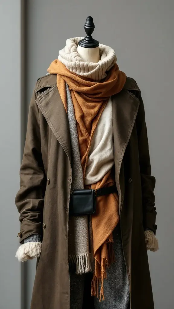 Layered outfit displayed on a mannequin, featuring a trench coat, sweaters, and scarves in warm tones.