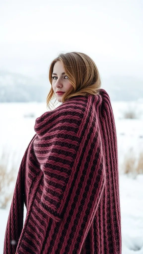A woman in a striped knit shawl, looking back while wrapped in the cozy fabric, against a snowy background.