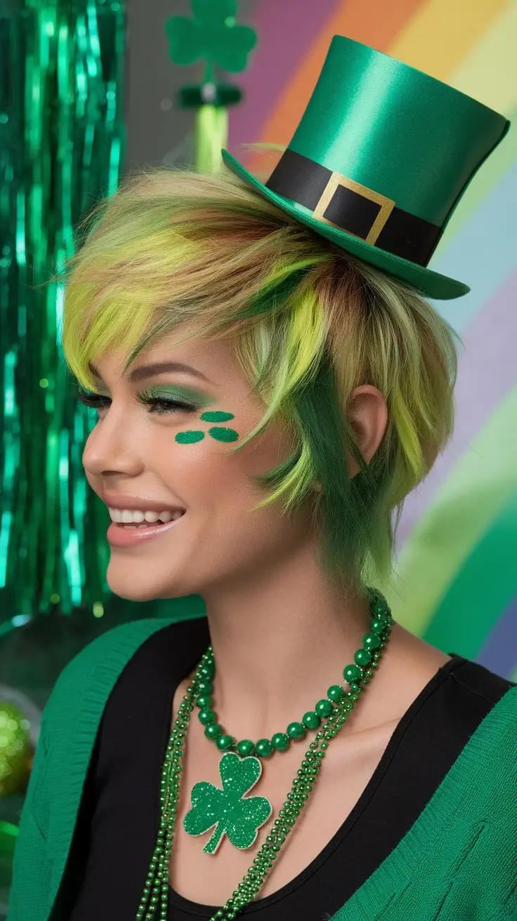 A woman with a stylish short hairstyle featuring green highlights and a leprechaun hat, celebrating St. Patrick's Day.
