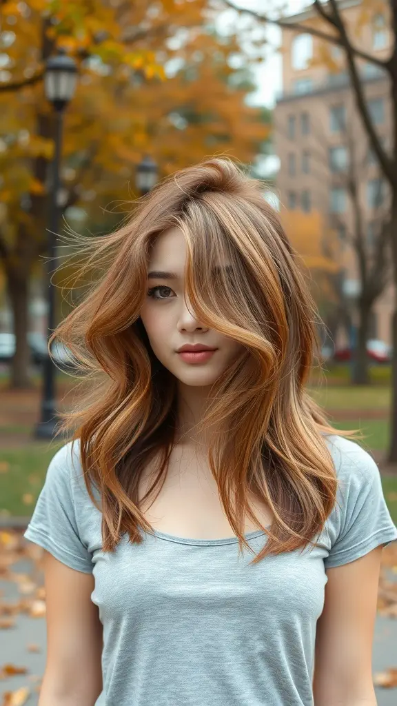A woman with light caramel highlighted brown hair stands amidst autumn trees, showcasing flowing waves and a radiant look.