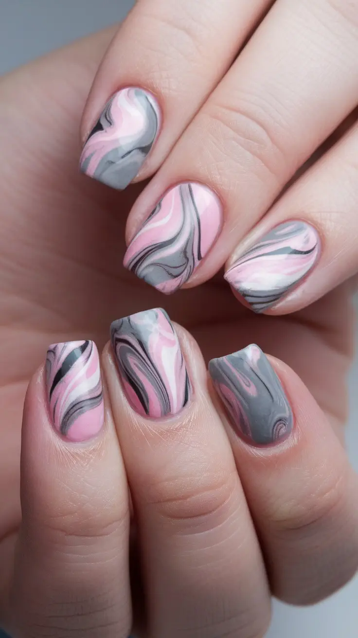 Marbleized pink and grey nail design with swirls