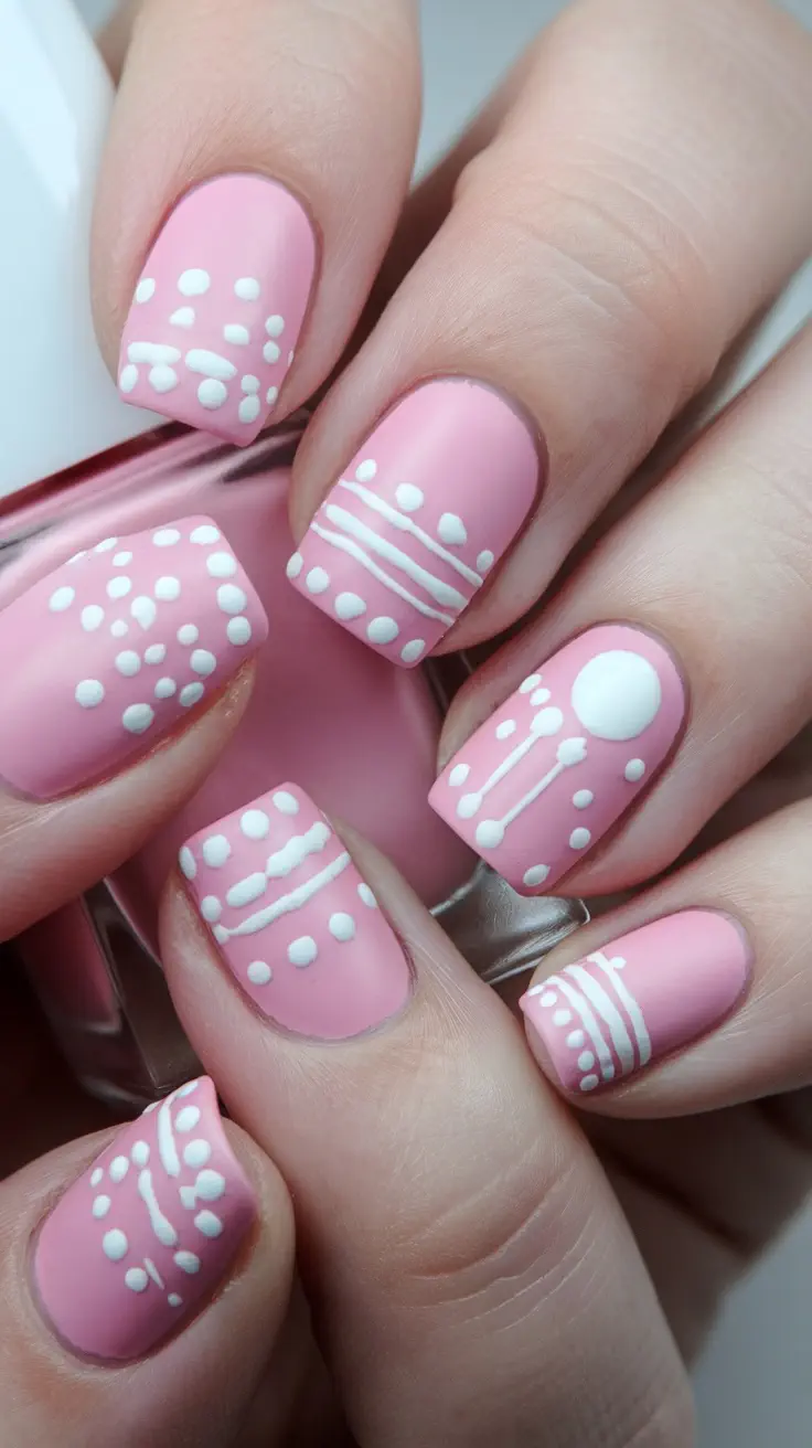 Nail design featuring matte pink polish with glossy white accents, including dots and lines.